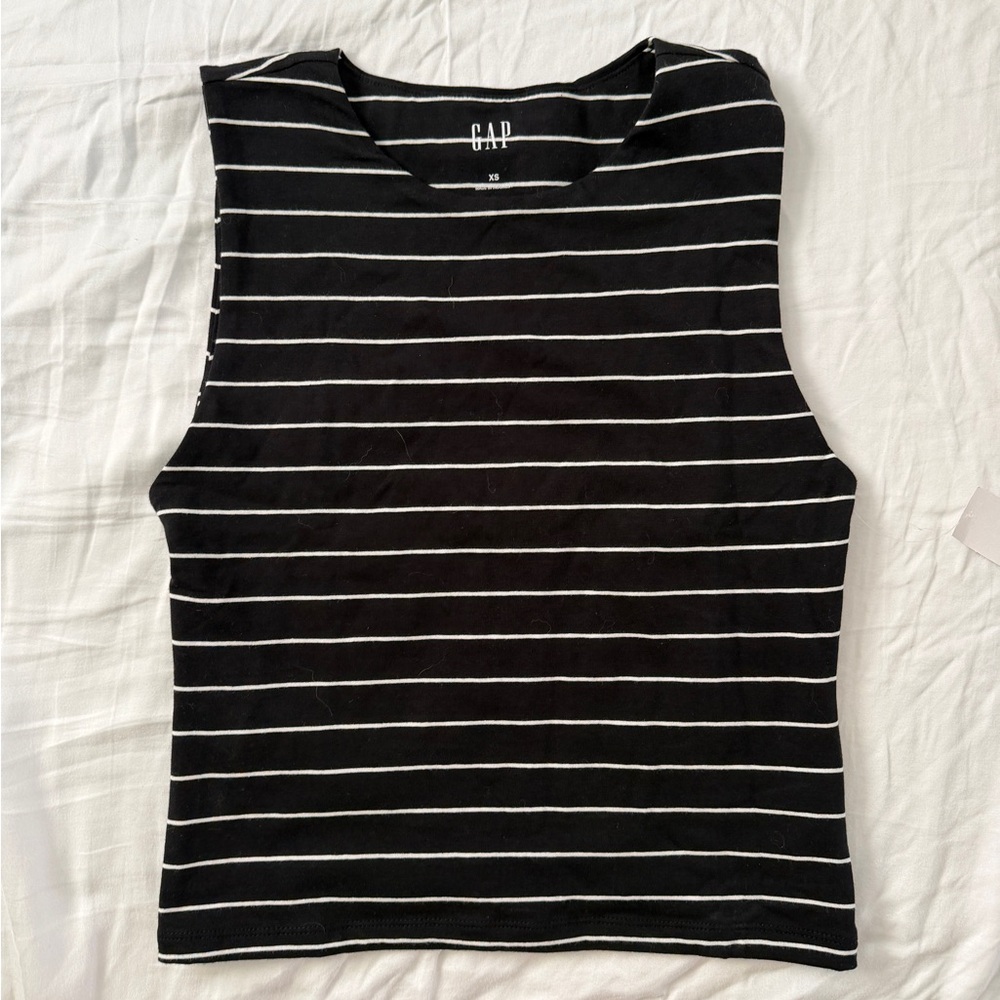 Black GAP CloseKnit Jersey Cropped Tank Top with White Stripes NWT
